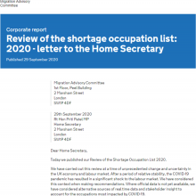 Review of the shortage occupation list: 2020: Letter to the Home Secretary